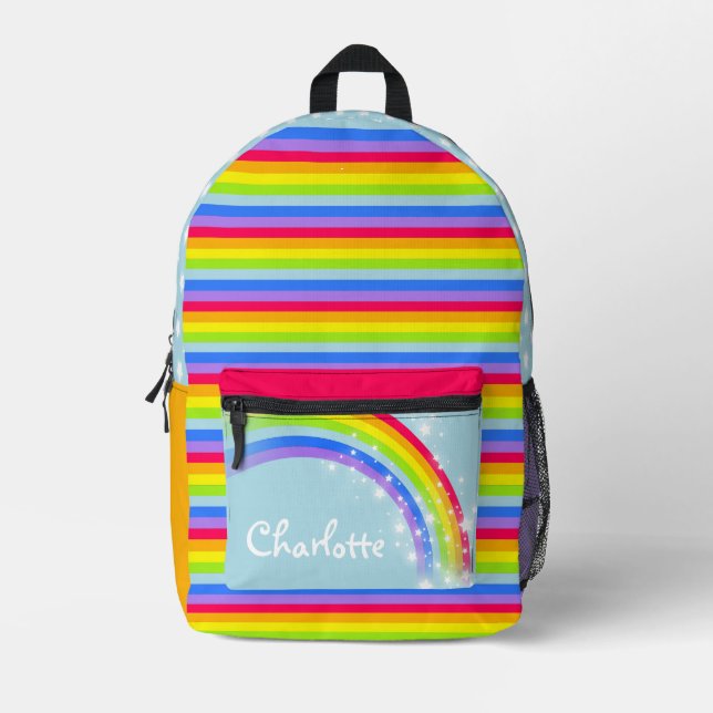 Personalised rainbow sky blue kids school  printed backpack (Front)