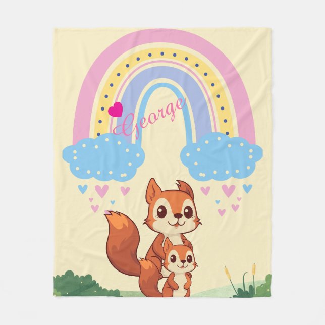 Personalised Rainbow Squirrel Fleece Blanket (Front)
