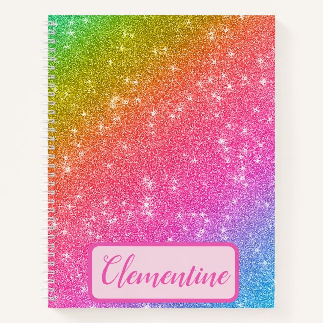 Personalised Rainbow Starry Glitter Sketchbook Notebook (Front)