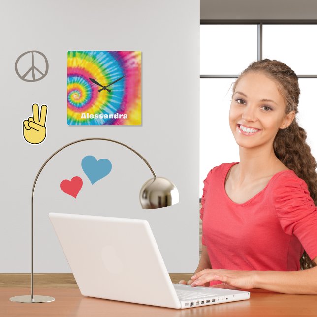 Personalised Rainbow Tie-Dye 60s Hippie Vibe Square Wall Clock (Creator Uploaded)
