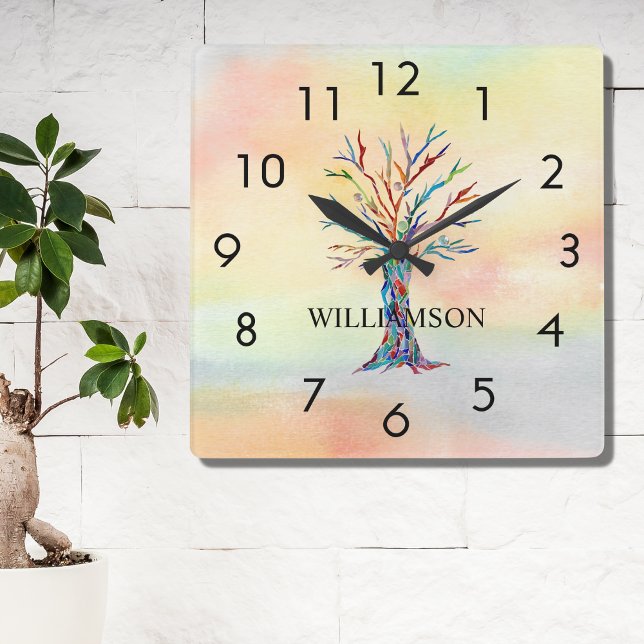 Personalised Rainbow Tree Square Wall Clock (Creator Uploaded)