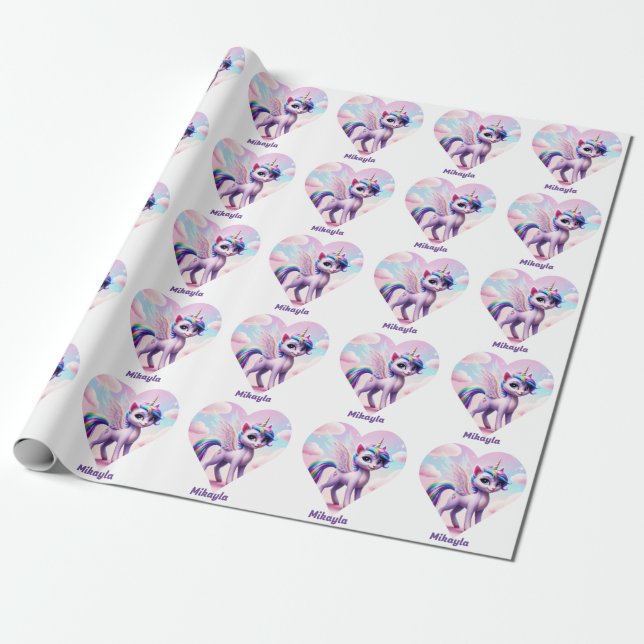 Personalised Rainbow Unicorn Cat Wrapping Paper (Unrolled)