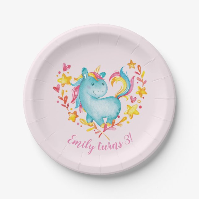 Personalised rainbow unicorn party plates (Front)