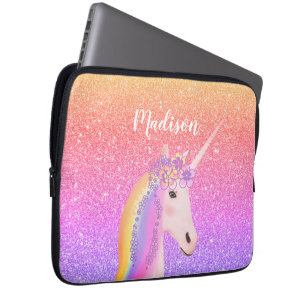 Personalised Rainbow Unicorn Pink Glitter Laptop S Sleeve