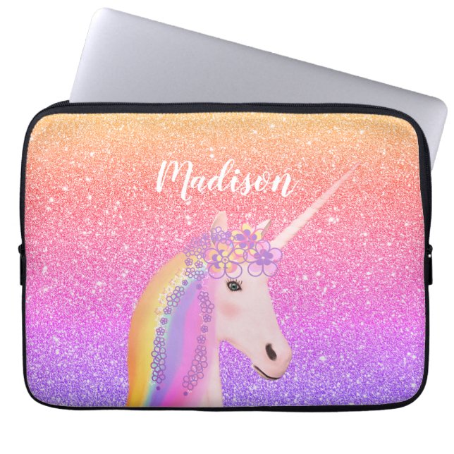 Personalised Rainbow Unicorn Pink Glitter Laptop Sleeve (Front)