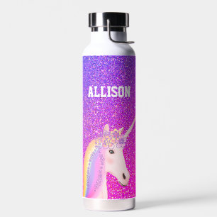 Personalised Rainbow Unicorn Purple Glitter Kids Water Bottle