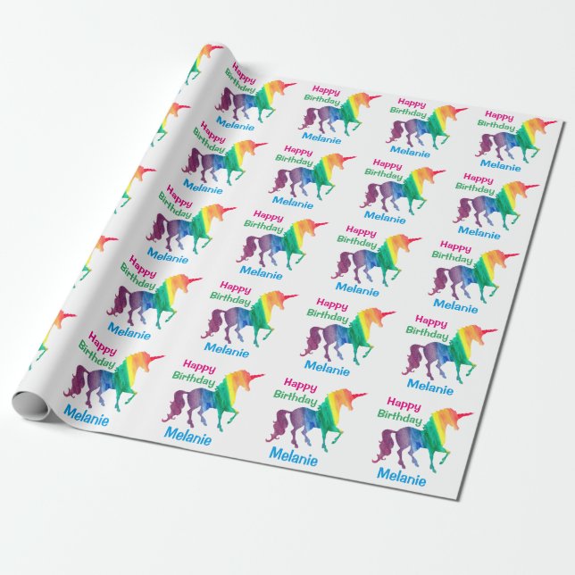 Personalised Rainbow Unicorns Happy Birthday Kids Wrapping Paper (Unrolled)