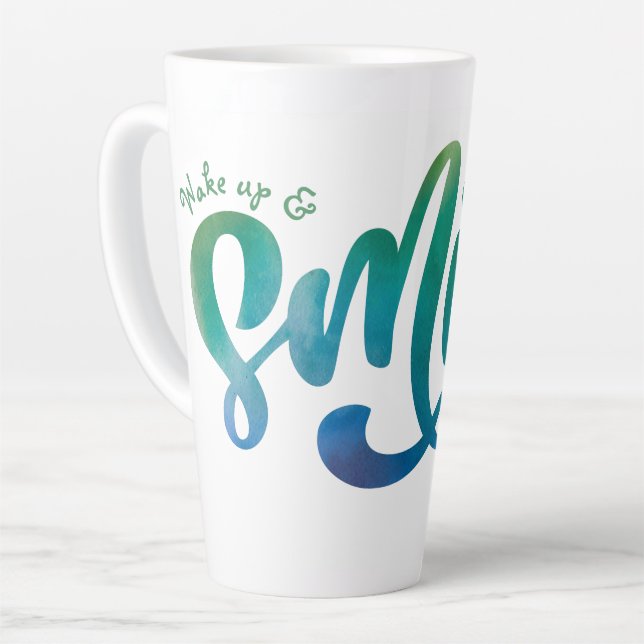Personalised Rainbow Wake up & Smile Motivational Latte Mug (Left Angle)