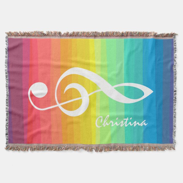 Personalised Rainbow Watercolor Treble Clef Throw Blanket (Front)