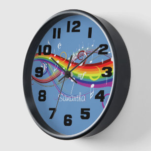 Personalised Rainbow White Music Notes Clock