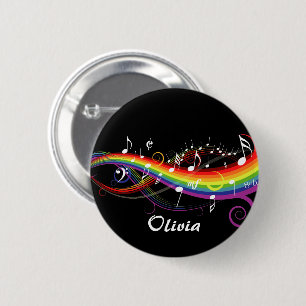 Personalised Rainbow White Music Notes on Black 6 Cm Round Badge