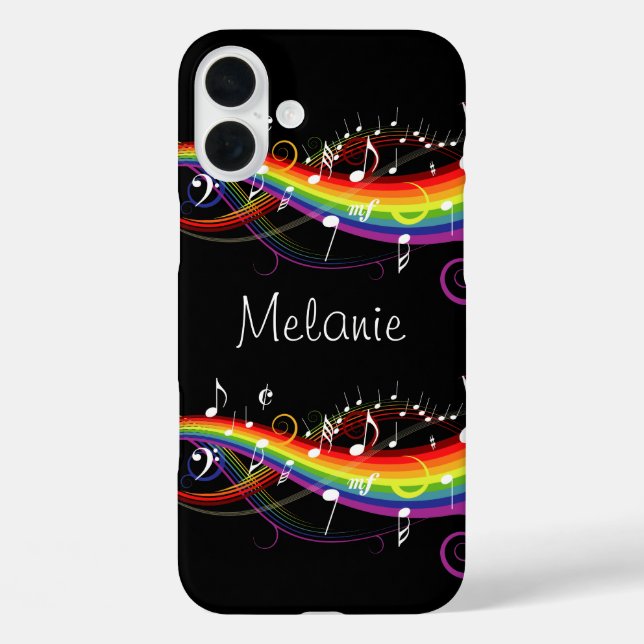 Personalised Rainbow White Music Notes on Black Case-Mate iPhone Case (Back)