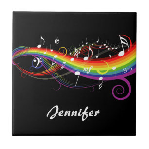 Personalised Rainbow White Music Notes on Black Ceramic Tile