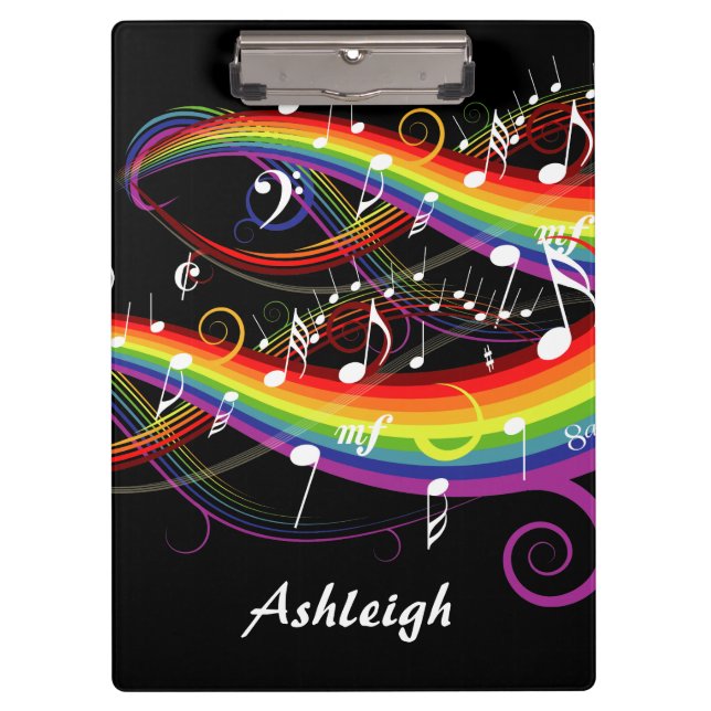 Personalised Rainbow White Music Notes on Black Clipboard (Front)