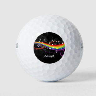 Personalised Rainbow White Music Notes on Black Golf Balls
