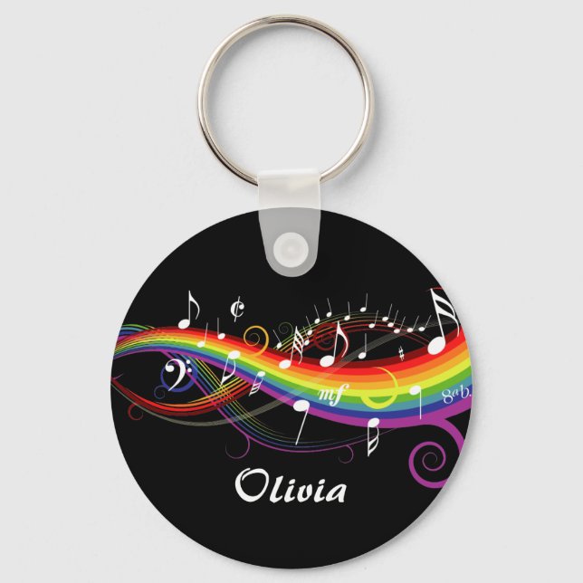 Personalised Rainbow White Music Notes on Black Key Ring (Front)