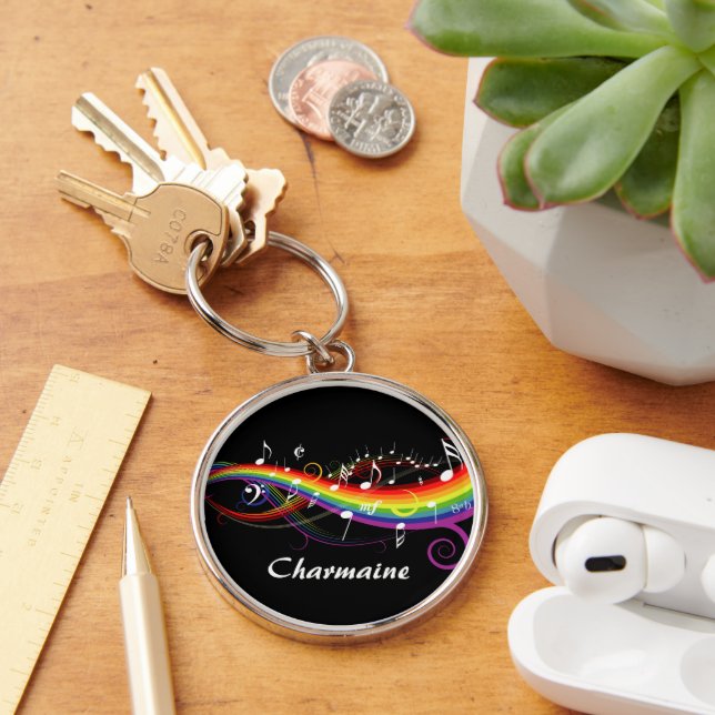 Personalised Rainbow White Music Notes on Black Key Ring (Desk)