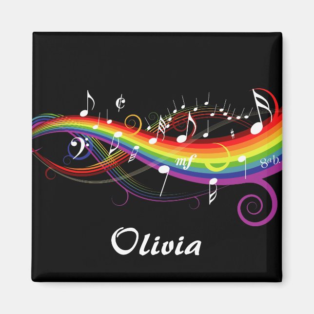 Personalised Rainbow White Music Notes on Black Magnet (Front)