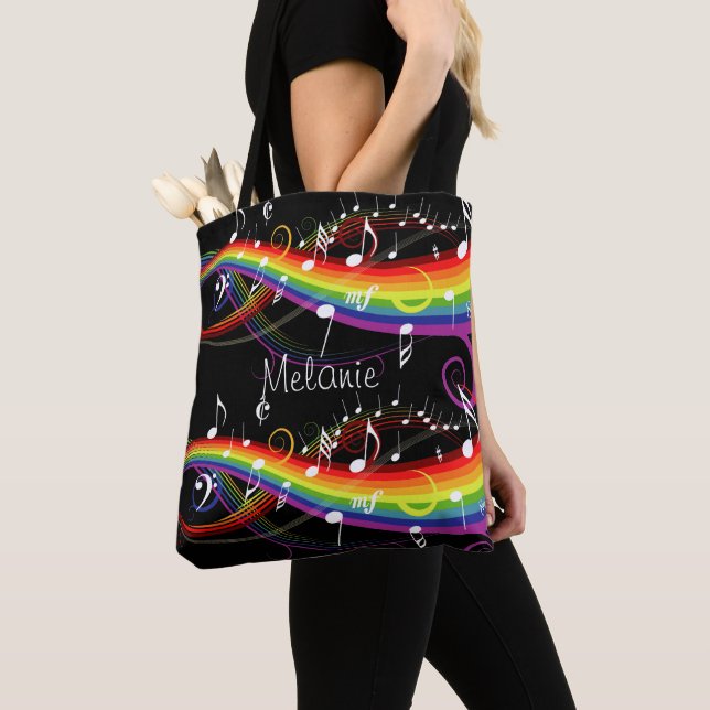 Personalised Rainbow White Music Notes on Black Tote Bag (Close Up)