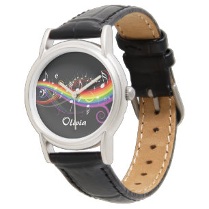 Personalised Rainbow White Music Notes on Black Watch
