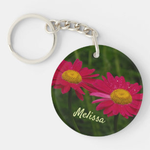 Personalised Raindrops Pink Painted Daisy Photo Key Ring