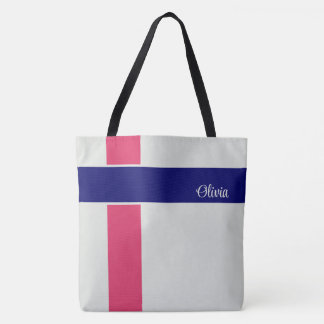 Personalised Raspberry Dark Blue Stripes Tote Bag