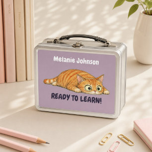 Personalised Ready to Learn Orange Cat Mauve Metal Lunch Box