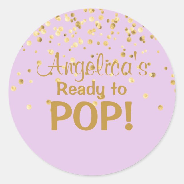 Personalised Ready to Pop Baby Shower Lavender Classic Round Sticker (Front)