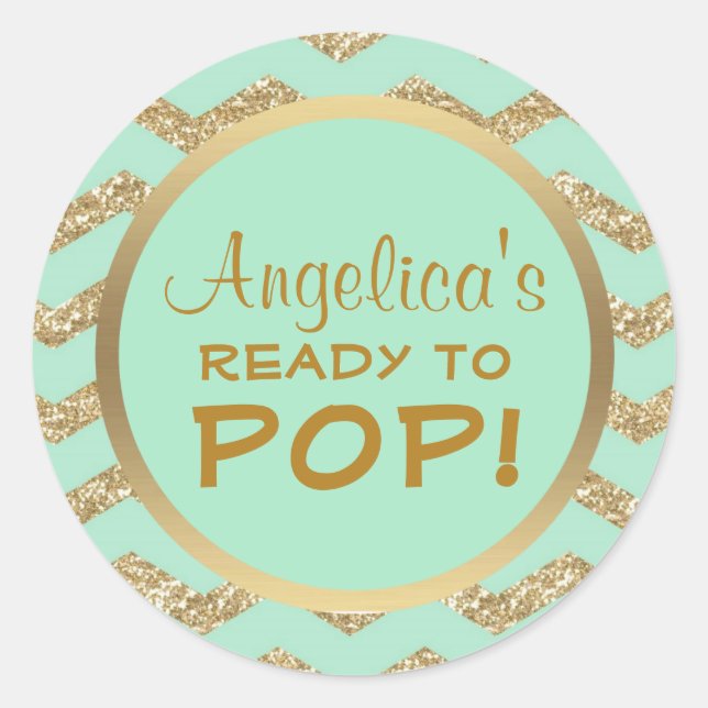 Personalised Ready to Pop Baby Shower Mint Gold Classic Round Sticker (Front)