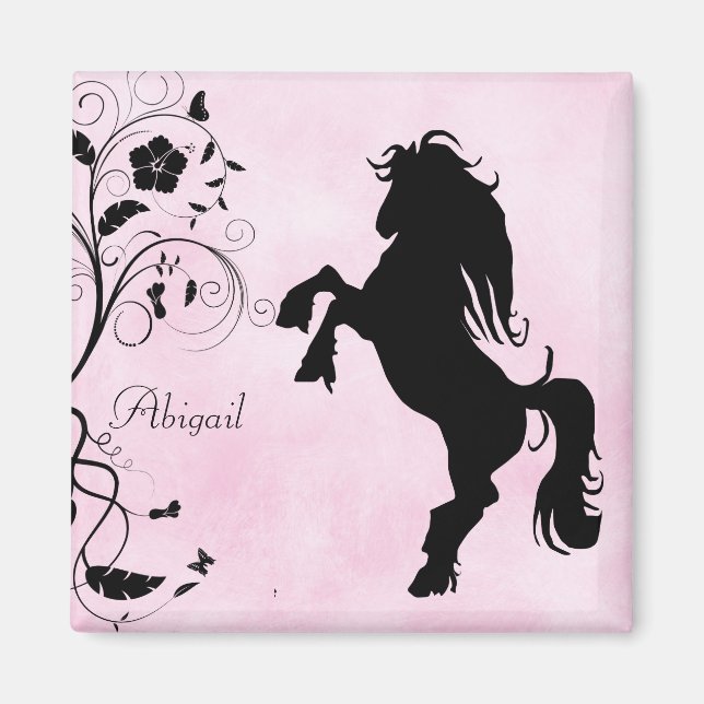 Personalised Rearing Horse and Flowers Magnet (Front)
