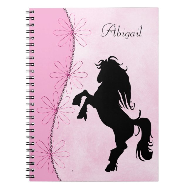Personalised Rearing Silhouette Horse and Flowers Notebook (Front)
