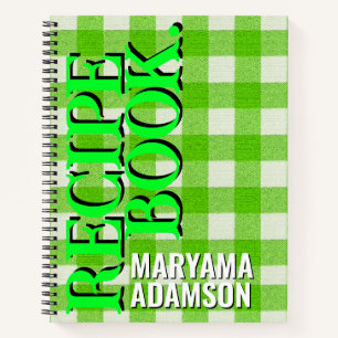 Personalised Recipe Book. Green Gingham Plaid Notebook
