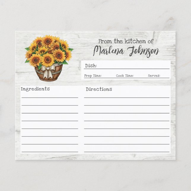Personalised Recipe Card Rustic Wood & Sunflowers (Front)