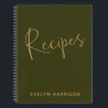 Personalised Recipe Journal in Olive Green Gold<br><div class="desc">Stay organised in style with this personalised recipe journal in olive green and golden text. This chic journal allows you to add your name for a custom touch. Inside, you'll find plenty of recipe pages to fill out, making it the perfect gift for home cooks, bakers, or anyone who loves...</div>