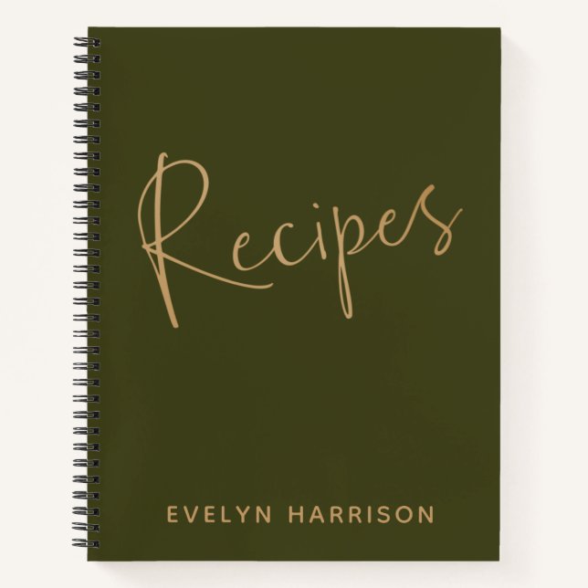 Personalised Recipe Journal in Olive Green Gold (Front)