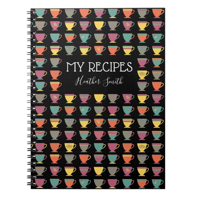 Personalised recipe notebook, colourful tea cups notebook (Front)