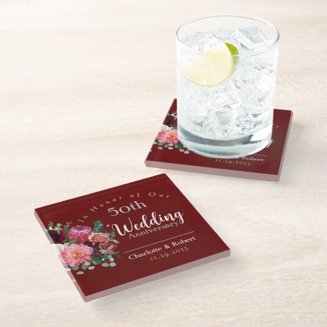 Personalised Red 50th Couples Wedding Anniversary  Glass Coaster (Angled)