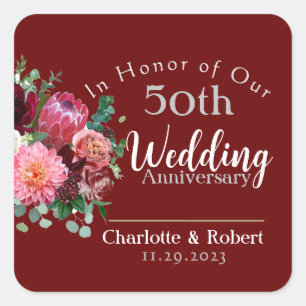 Personalised Red 50th Couples Wedding Anniversary  Square Sticker