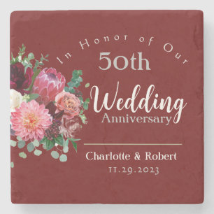 Personalised Red 50th Couples Wedding Anniversary  Stone Coaster