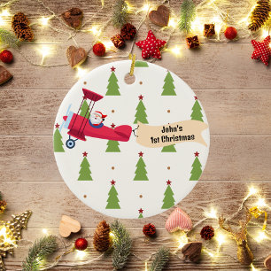 Personalised,Red Aeroplane & Santa, First Christma Ceramic Ornament