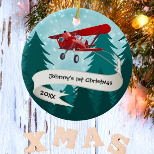 Personalised,Red Aeroplane & Santa, First Christma Ceramic Ornament