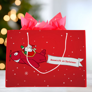 Personalised,Red Aeroplane & Santa, First Christma Large Gift Bag