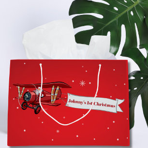 Personalised,Red Aeroplane & Santa, First Christma Large Gift Bag