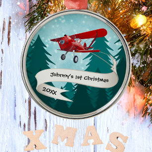 Personalised,Red Aeroplane & Santa, First Christma Metal Ornament
