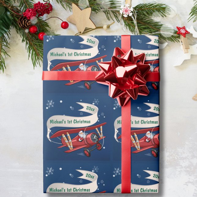 Personalised,Red Aeroplane & Santa, First Christma Wrapping Paper (Creator Uploaded)