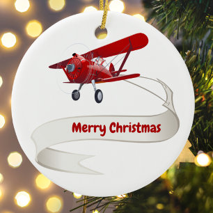 Personalised,Red Aeroplane & Santa, Merry Christma Ceramic Ornament