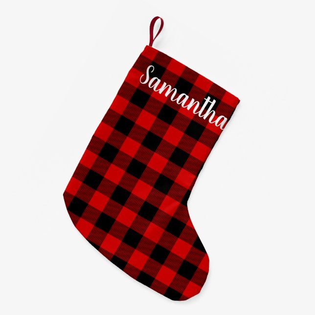 Personalised Red and Black Buffalo Check Small Christmas Stocking (Front (Hanging))