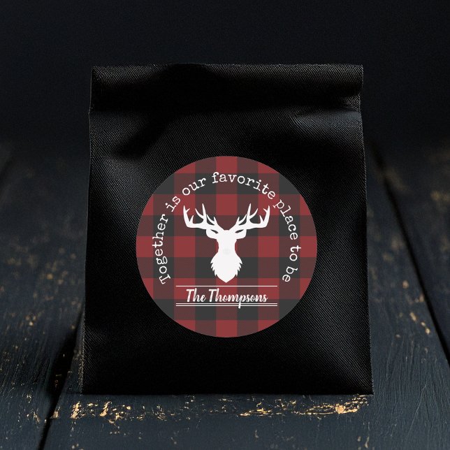 Personalised Red and Black Buffalo Plaid Classic Round Sticker (Creator Uploaded)