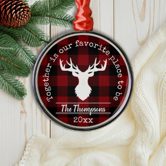 Personalised Red and Black Buffalo Plaid Metal Ornament