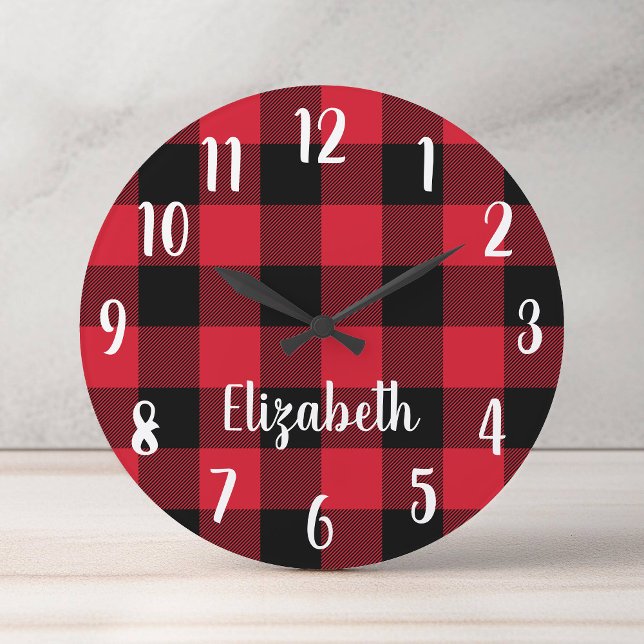 Personalised Red and Black Buffalo Plaid Round Clock (Personalized Red and Black Buffalo Plaid Round Clock)
